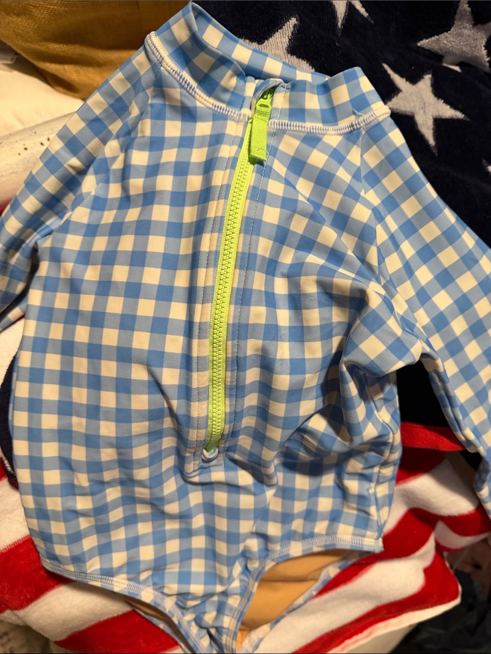 Crewcuts Light Blue and White Gingham Rashguard One-Piece with Lime Zip